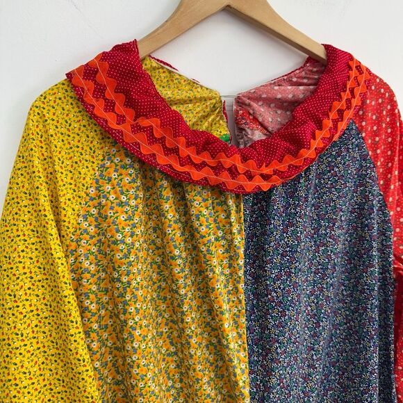 Handmade Unisex OS Color Block 70s Multi Mixed Dainty Floral 2 Pompom Clown Cost - Picture 6 of 11